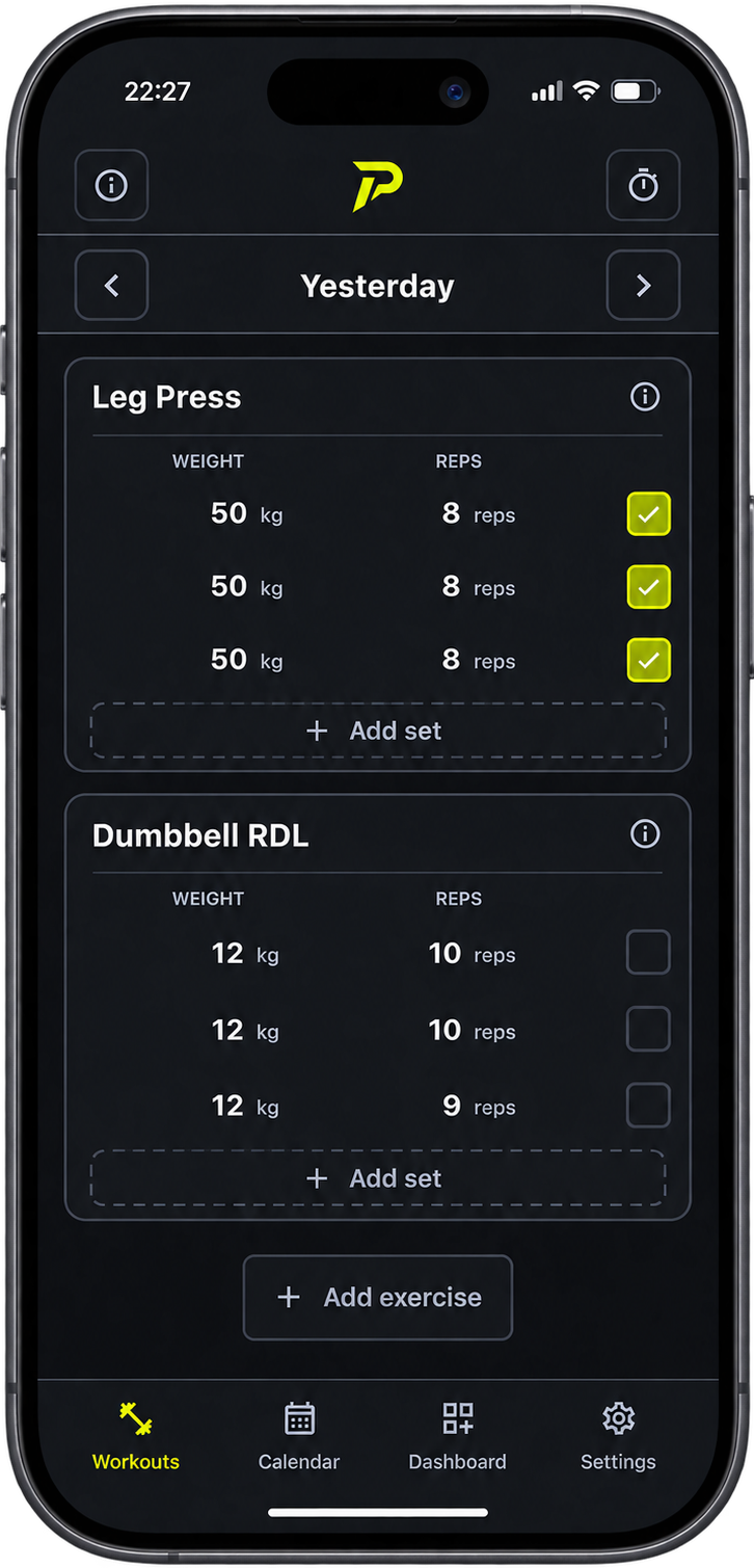 Workout app screen showing a leg press and dumbbell RDL workout